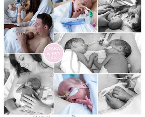 Yara & Evy prematuur geboren met 28 weken en 6 dagen, gebroken vliezen, weeenremmers, tweeling, couveuse