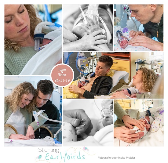June & Tess prematuur geboren emt 24 weken, tweeling, CPAP, buidelen, couveuse